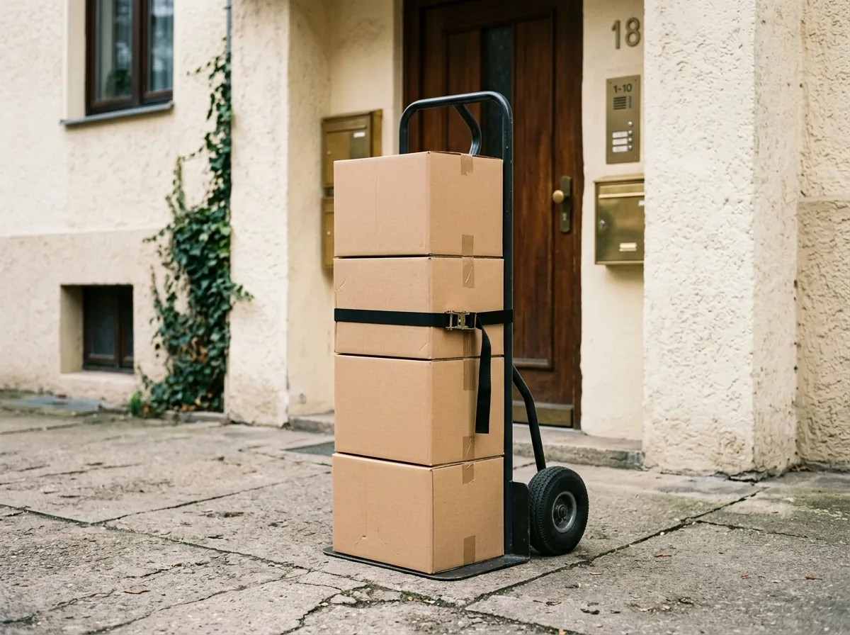Vier braune Kartons auf einer schwarzen Sackkarre vor dem Eingang eines verputzten Wohnhauses, bereit zur persönlichen Zustellung